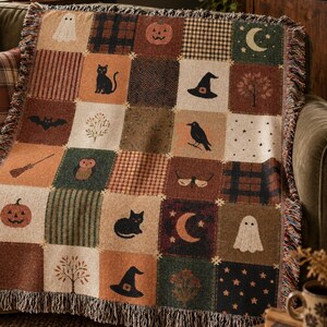 Manta tejida vintage de Halloween, manta de Halloween con retazos, manta acogedora de otoño, decoración para el hogar con temática de fantasmas, gatos y calabazas.