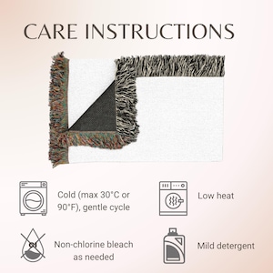 May include: A woven throw blanket with fringed edges, shown folded to reveal a black underside. Text reads CARE INSTRUCTIONS. Icons and text specify: Cold wash max 30&deg;C or 90&deg;F on gentle cycle, tumble dry on low heat, use non-chlorine bleach, and mild detergent.