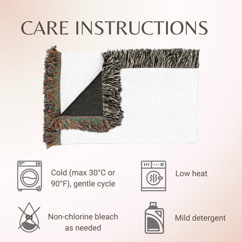 May include: A woven throw blanket with fringed edges, shown folded to reveal a black underside. Text reads CARE INSTRUCTIONS. Icons and text specify: Cold wash max 30&deg;C or 90&deg;F on gentle cycle, tumble dry on low heat, use non-chlorine bleach, and mild detergent.