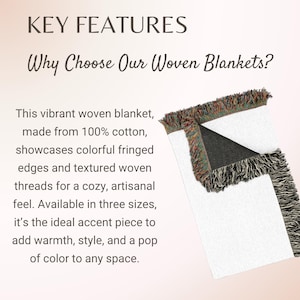 May include: A woven blanket featuring a white surface and multicolored fringed edges. The text reads: KEY FEATURES Why Choose Our Woven Blankets? This vibrant woven blanket, made from 100% cotton, showcases colorful fringed edges and textured woven threads.