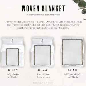May include: A woven blanket size guide featuring three rectangular blankets with fringe borders. Text includes WOVEN BLANKET, 37" x 52" baby/pet blanket, 50" x 60" kids/throw blanket, and 60" x 80" full/queen/sofa blanket, with cotton yarn details.