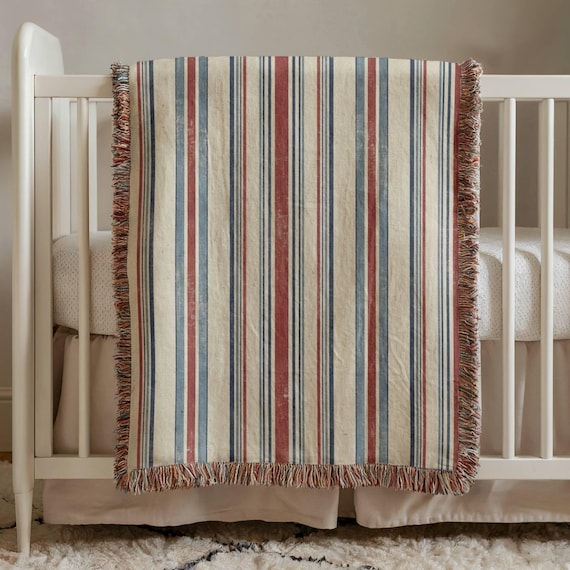 Americana Baby Blanket, Vintage Stripe Nursery Blanket, Patriotic Nursery Decor, Red White Blue Baby Blanket