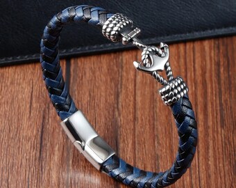 Bracelet ancre marine nautique en cuir et acier inoxydable
