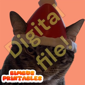 May include: A tabby cat wearing a red Santa hat with white trim. The hat has the words "Digital file!" printed on it in yellow.
