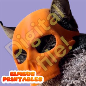 May include: A gray cat wearing an orange plastic skull mask. The mask has eye holes and a large, open mouth. The cat is looking at the camera. The text "BLIMBUS PRINTABLES" is visible in the lower left corner of the image.