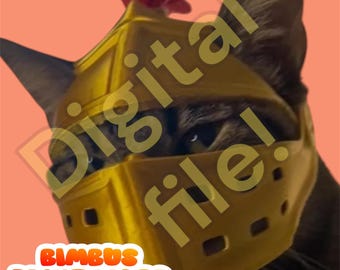 May include: A brown tabby cat wearing a gold knight's helmet with a red plume. The helmet has a face shield with holes for the cat's eyes and nose. The text "Digital file!" is superimposed on the image.