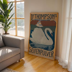 Vintage Swan Poster | Dr. Thompson Seifenpulver | 1890s Art Nouveau German Print | Retro Soap Advertisement Wall Art