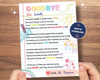 Carta de fin de curso para estudiantes, regalo de último día de clases de un maestro a un estudiante, regalo de fin de curso para estudiantes, imprimible de despedida