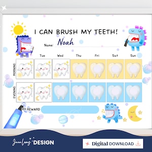 Tabla de cepillado de dientes imprimible, tabla de cepillado de dientes, tabla de recompensas, tabla de rutina de dinosaurios, tabla de tareas semanales para niños con TDAH para niños pequeños de 3 años en adelante, higiene dental