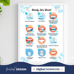 Tandenpoetsposter Afdrukbare poster Tanden poetsen Stapsgewijze handleiding voor kinderen Poetsroutine met foto's Visuele hulp Tandhygiëne