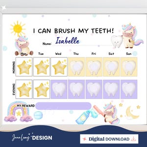 Tabla de cepillado de dientes para niños, tabla de recompensas con diseño de arcoíris, rastreador de higiene diaria imprimible, tabla de comportamiento infantil, rutina de niña, unicornio