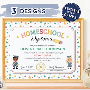 Hausschuldiplom Vorlage Bearbeitbar Canva Druckbare Abschlussurkunde für Kinder Homeschool Graduation Andenken Geschenk zum ausdrucken