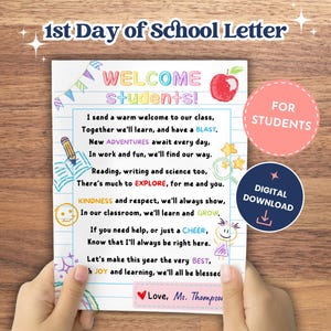 Carta de bienvenida al primer día de clases del maestro, tarjeta imprimible de bienvenida al regreso a clases del maestro para el estudiante, etiqueta de regalo, carta de bienvenida al aula
