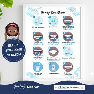 Afdrukbare poster tandenpoetsen Hoe tanden te poetsen Stapsgewijze handleiding voor zwarte kinderen Poetsroutine met foto's Visuele hulp Mondhygiëne