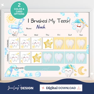 Tabla de cepillado de dientes imprimible, rutina de cepillado de dientes y tarjetas de recompensa, tabla de estrellas para niños, rastreador de comportamiento, recordatorio diario de cepillado de dientes