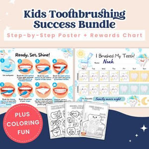 Teeth Brushing Poster & Brush Teeth Chart for Kids Step-by-Step Routine Poster Printable Reward Chart Bathroom Visuals for Toddler Brushing