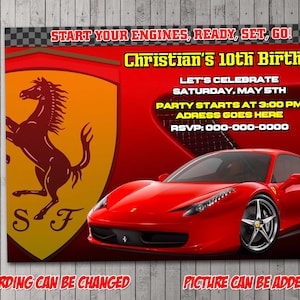 Convite para festa digital Racing Ferrari, aniversário, cartão de agradecimento, feriado, dia dos namorados