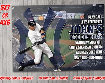 May include: A baseball-themed birthday invitation with a photo of a baseball player in a New York Yankees uniform. The invitation says "Let's Celebrate John's 10th Birthday" and includes the date, time, and RSVP information.