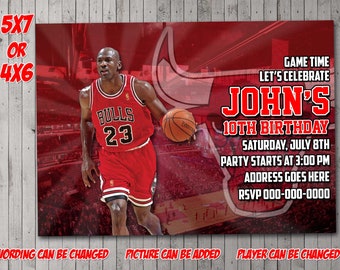May include: A red and white birthday invitation featuring a basketball player wearing a red jersey with the word "BULLS" and the number "23" on it. The invitation says "Let's Celebrate John's 10th Birthday" and includes the date, time, and RSVP information.