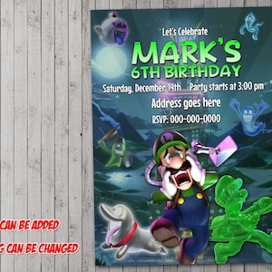 Invitation de fête numérique Luigi's Mansion, anniversaire, carte de remerciement, vacances, Saint-Valentin, Halloween