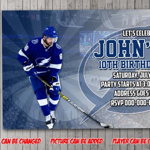 May include: A blue and white hockey player birthday party invitation with a photo of a hockey player in a blue and white uniform. The invitation says "Let's Celebrate John's 10th Birthday" with the date and time of the party. The invitation also includes the text "RSVP 000-000-0000".