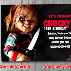 Invitación digital para fiesta de Chucky, cumpleaños, tarjeta de agradecimiento, vacaciones, San Valentín, Halloween, día