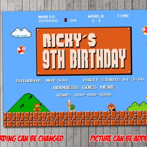 Retro Super Mario Bros 8bit Digital Party Einladung, Geburtstag, Dankes-Karte, Urlaub, Valentine