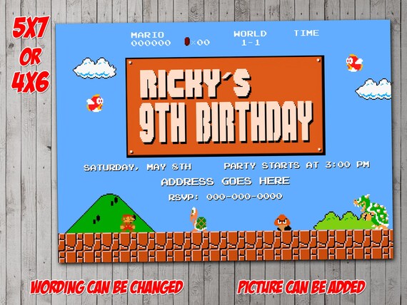 Retro Super Mario Bros 8bit Digital Party Invitation, Birthday