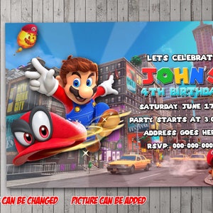 Convite para festa digital Super Mario Odyssey, aniversário, cartão de agradecimento, feriado, dia dos namorados