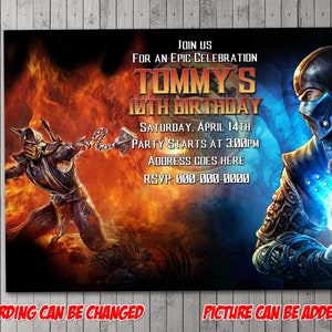 May include: Birthday invitation featuring two action figures set against a fiery and icy background. The invitation includes the text "Tommy's 10th Birthday" with event details. The size options are 5x7 or 4x6.