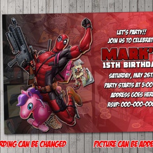 Invito digitale per feste a tema Deadpool, compleanno, biglietto di ringraziamento, festività, San Valentino, baby shower