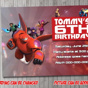 Convite digital para festa Big Hero 6, aniversário, cartão de agradecimento, feriado, dia dos namorados
