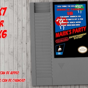 Invitación a fiesta digital con cartucho de juego retro, cumpleaños, tarjeta de agradecimiento, vacaciones, San Valentín