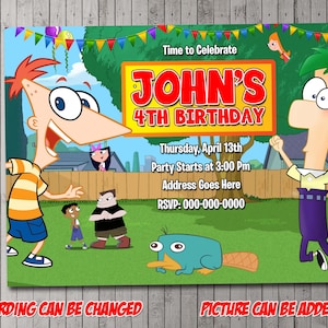 Invitación digital para fiesta de Phineas y Ferb, cumpleaños, tarjeta de agradecimiento, festividad, San Valentín, baby shower
