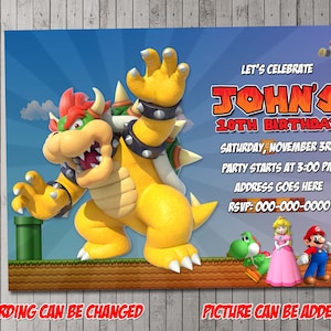 King Bowser Model 2 Digital Party Invitation, urodziny, kartka z podziękowaniami, święta, walentynki, Halloween, baby shower