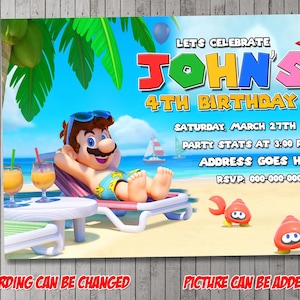 Super Mario Bros Pool Digital Party Invitation, anniversaire, carte de remerciement, vacances, Saint-Valentin