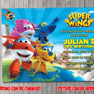 Invitación a fiesta digital Super Wings, cumpleaños, tarjeta de agradecimiento, vacaciones, San Valentín, Halloween, día