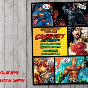 May include: A colourful comic book style invitation for a superhero themed birthday party. The invitation features images of Superman, Batman, Wonder Woman, The Flash, and Aquaman. The text on the invitation reads "Super Heroes Assemble Let's Celebrate Cameron's 4th Birthday Saturday, December 8th Party Starts at 5:00 PM Address Goes Here RSVP-000-000-0000".