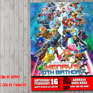 Super Smash Bros Digital Party Einladung, Geburtstag, Dankeskarte, Urlaub, Valentine