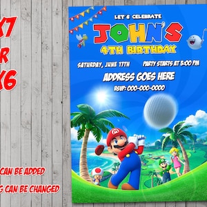 Convite digital para festa Super Mario Golf, aniversário, cartão de agradecimento, feriado, dia dos namorados