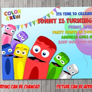 Digitale uitnodiging voor feest Color Crew, verjaardag, bedankkaart, vakantie, valentijn, babyshower, 1e