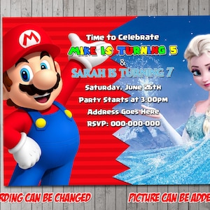 Convite de festa digital Mario e Elsa, aniversário, cartão de agradecimento, feriado, dia dos namorados, irmãos, irmã, Halloween, Frozen
