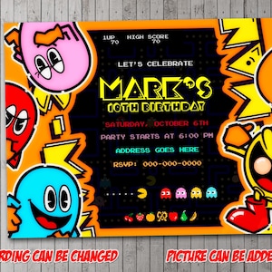 Convite para festa digital Retro Arcade Pac, aniversário, cartão de agradecimento, feriado, dia dos namorados