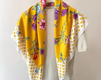 Polka Dot Flower Print Shawl Boho Twill Imitation Silk Square Scarf Vintage Neckerchief Breathable Bandana Head Wrap