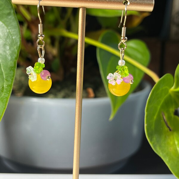 Elegant Floral Dangle Earrings, Vintage-Inspired Flower and Orange Fruit Drop Earrings, Ethnic Style Women's Jewelry Accessory, Retro Design