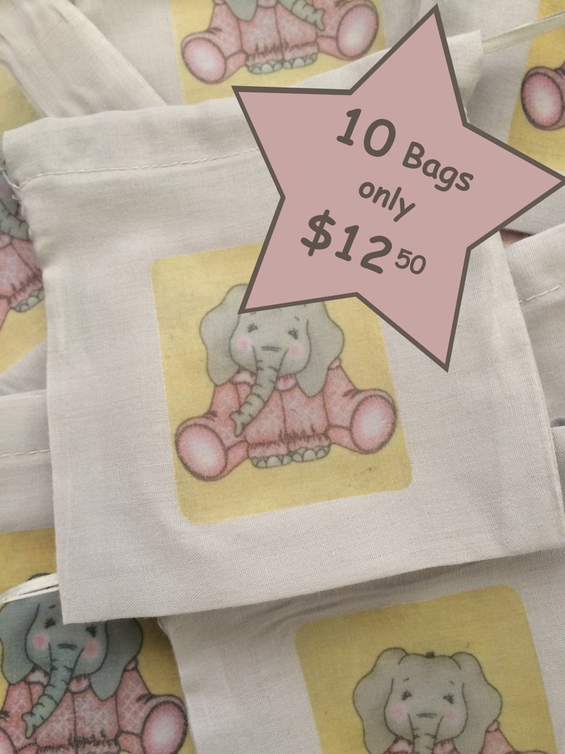 yellow Baby Shower Favor Bags gray Elephant Child/'s Party Favor Bags set of 10 Pink