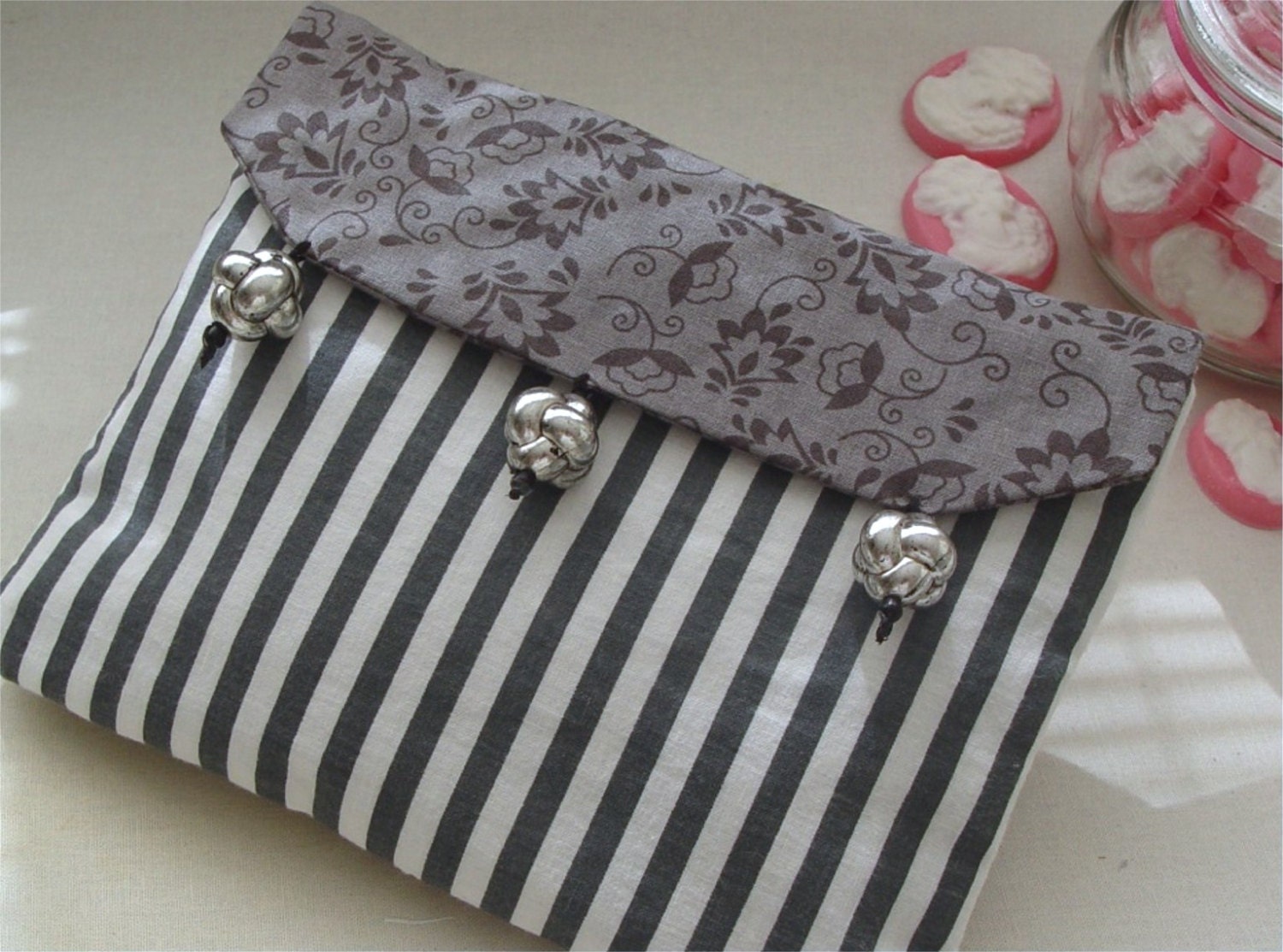 Purse handbag clutch french gray & white stripe floral Etsy