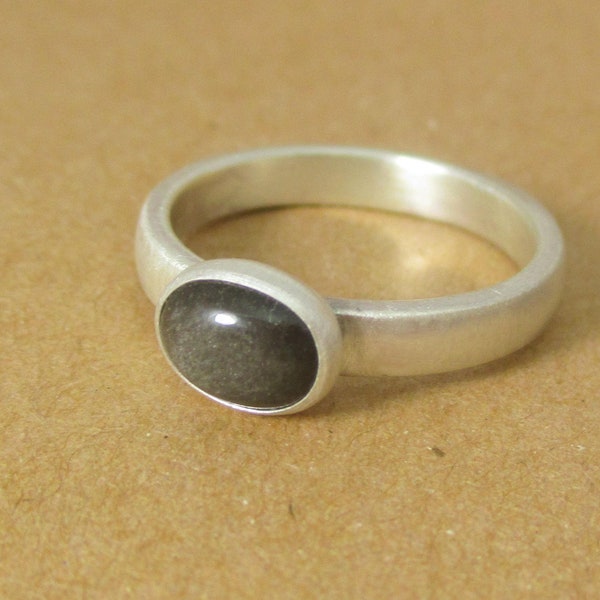 Grey Velvet Ring.  Silver Obsidian Stone and Sterling Silver.