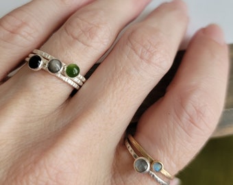Fog Magic - Tiny Stacking Ring Trio set - Sterling and Fine Silver - Black Onyx, Silver Obsidian, Emerald Green Jade