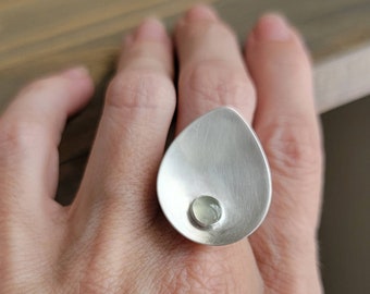 plektra... statement ring in sterling and fine silver - pale green prehnite stone. Ready to Ship!